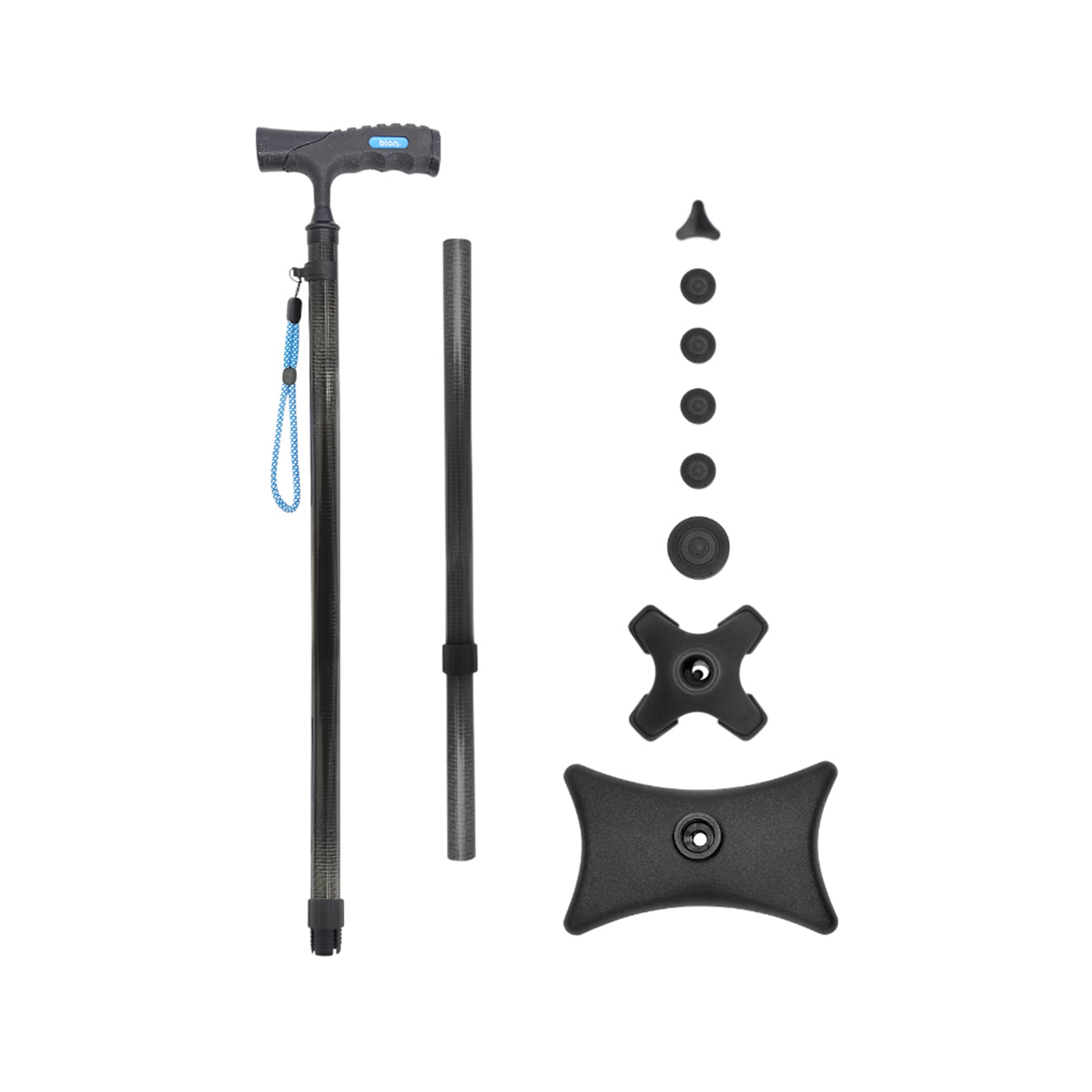 high quality ultra lightweight detachable carbon fiber cane with 3 exchangeable bases