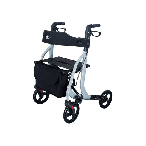 A foldable, four-wheeled Bion Rollator Q100 walker with a black storage bag, gray frame, and black wheels.