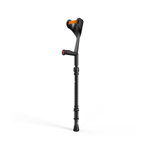 Black elbow crutch with orange accents on a white background