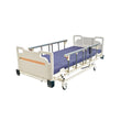 Adjustable hospital homecare bed with head and foot sections raised, safety rails on either side, and a blue mattress.
