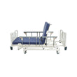 Adjustable hospital homecare bed with head and foot sections raised, safety rails on either side, and a blue mattress. Elevated View