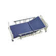Adjustable hospital homecare bed with head and foot sections raised, safety rails on either side, and a blue mattress. Top View
