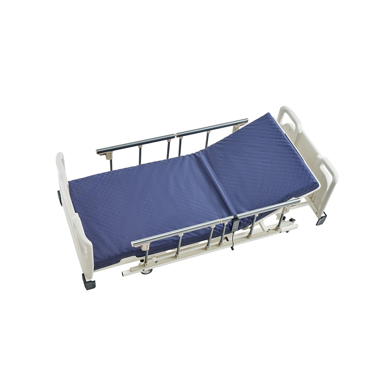 Adjustable hospital homecare bed with head and foot sections raised, safety rails on either side, and a blue mattress. Top View