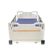 Adjustable hospital homecare bed with head and foot sections raised, safety rails on either side, and a blue mattress. Front view.