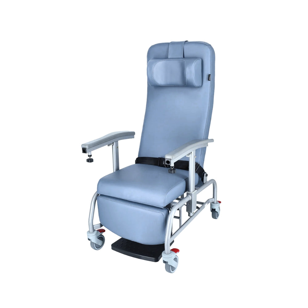 Luxurious cushioned geriatric homecare chair with extended legrest and recliner backrest on a white background main.