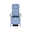 Luxurious cushioned geriatric homecare chair with extended legrest and recliner backrest on a white background front