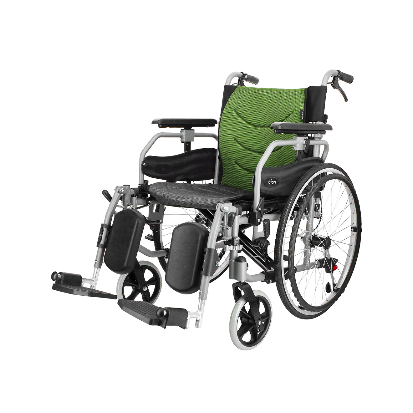 Customisable Heavy Duty Wheelchair with green seat cover that supports up to 150kg  on a white background. Height Adjustable Armrest and Elevated Footrest.