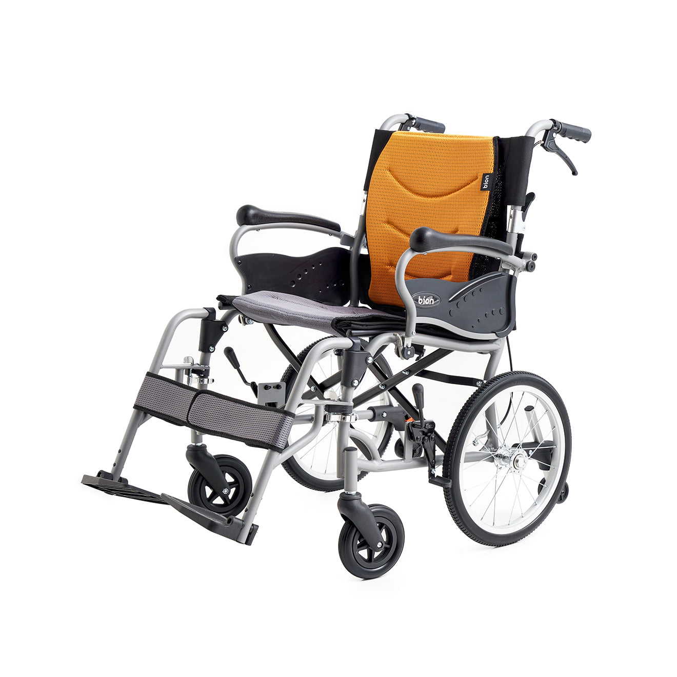 A Bion Postur Pushchair S310 wheelchair with orange and black color scheme, showing side view with detachable footrest and flip-up armrests.