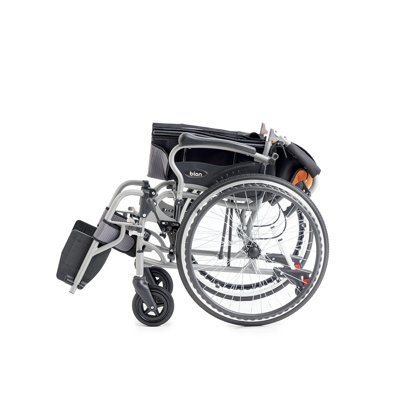 Bion Postur Wheelchair S300 with orange accents, featuring a contoured seat, curved seating, flip-up armrests, and detachable footrests. Folded.