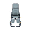 Gray recliner wheelchair with reclining and tilt in space backrest on a white background. Front.
