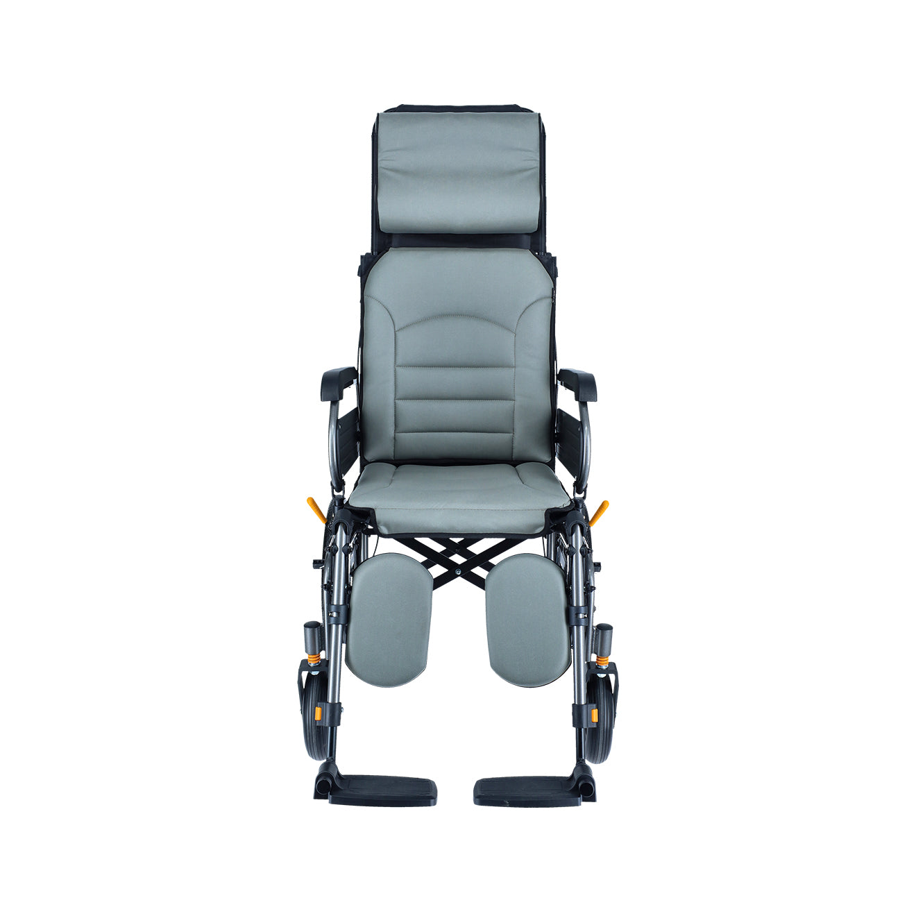 Gray recliner wheelchair with reclining and tilt in space backrest on a white background. Front.