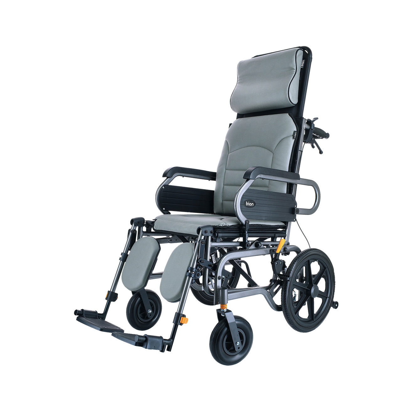 Gray recliner wheelchair with reclining and tilt in space backrest on a white background.