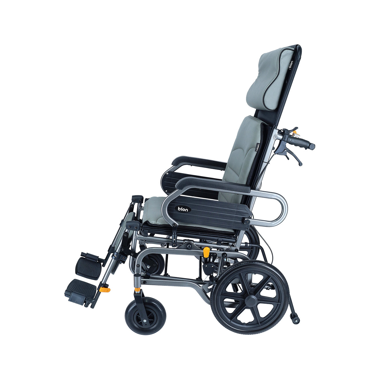 Reclining wheelchair with headrest on a white background
