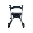 A foldable, four-wheeled Bion Rollator Q100 walker with a black storage bag, gray frame, and black wheels. Back.