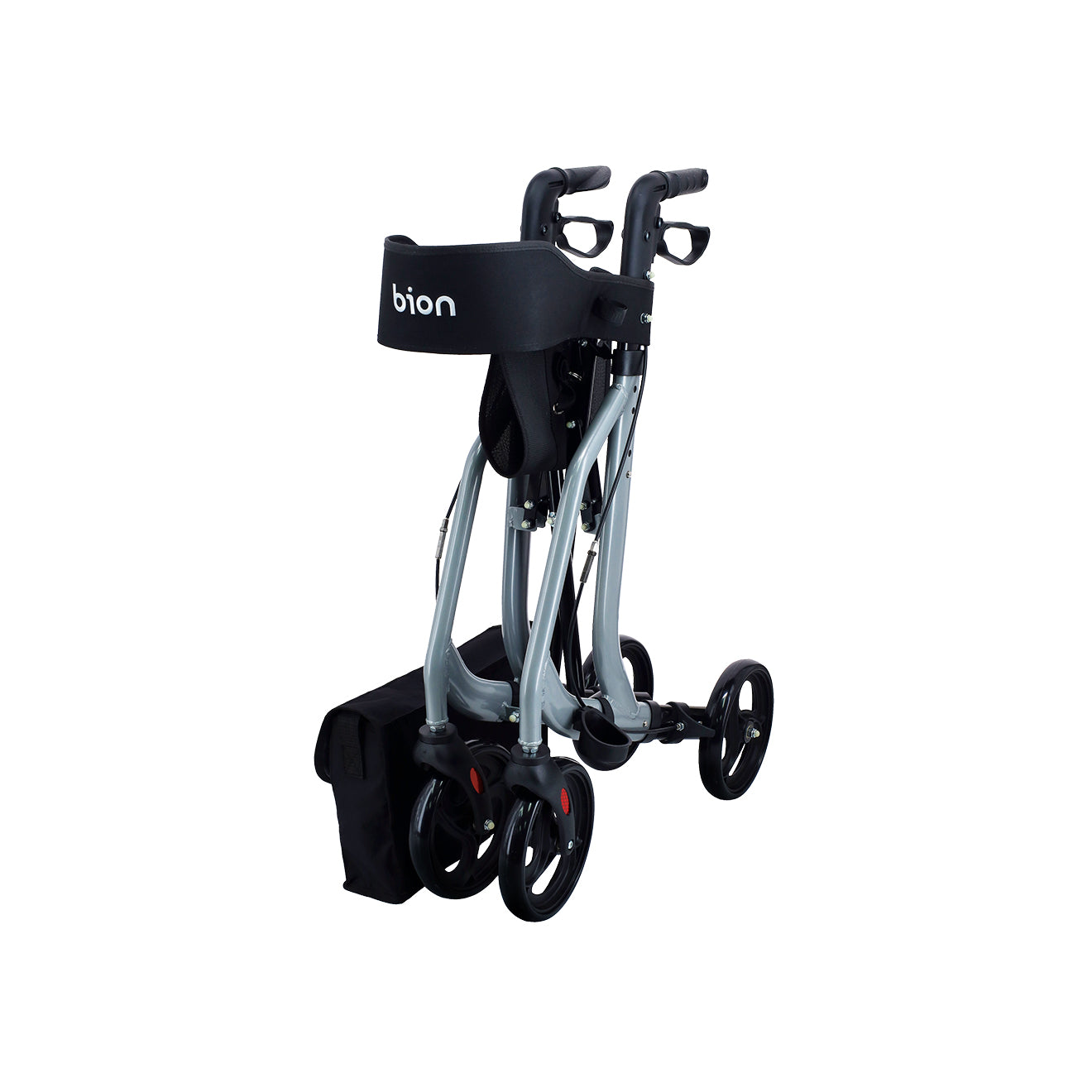 A foldable, four-wheeled Bion Rollator Q100 Walker with a black storage bag, gray frame, and black wheels.