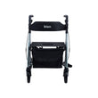 A foldable, four-wheeled Bion Rollator Q100 walker with a black storage bag, gray frame, and black wheels. Front.