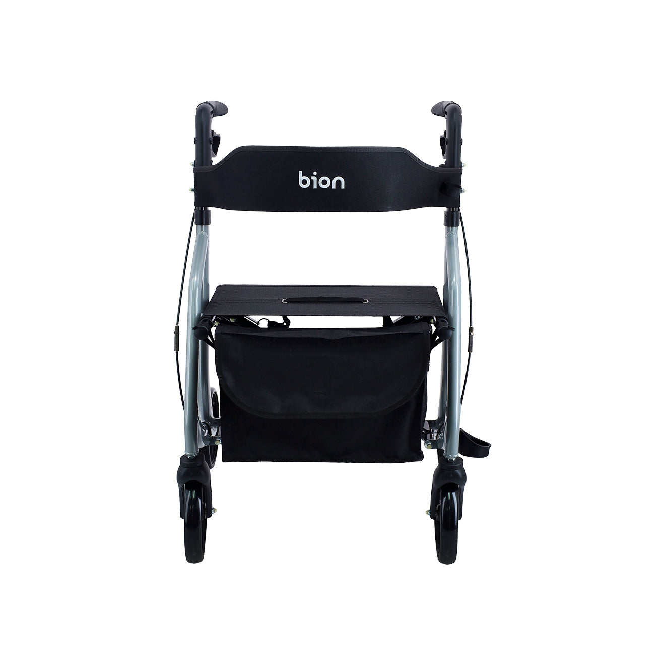 A foldable, four-wheeled Bion Rollator Q100 walker with a black storage bag, gray frame, and black wheels. Front.