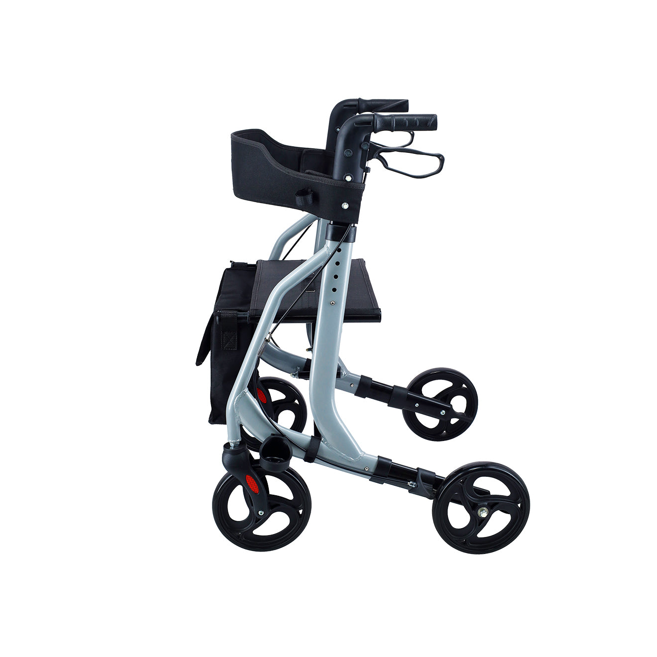 A foldable, four-wheeled Bion Rollator Q100 walker with a black storage bag, gray frame, and black wheels. Side.