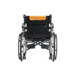 Bion Postur Wheelchair S300 with orange accents, featuring a contoured seat, curved seating, flip-up armrests, and detachable footrests. Back.