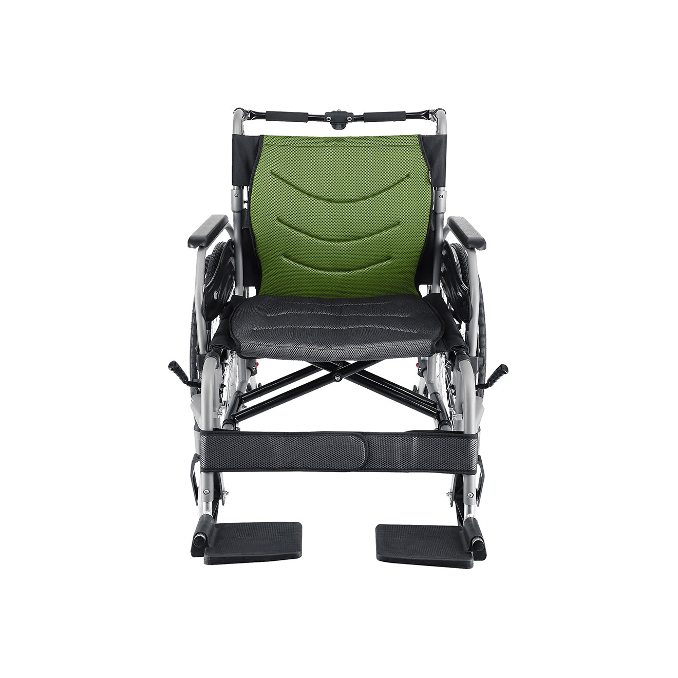 Heavy Duty Wheelchair with green seat cover that supports up to 150kg  on a white background. Front