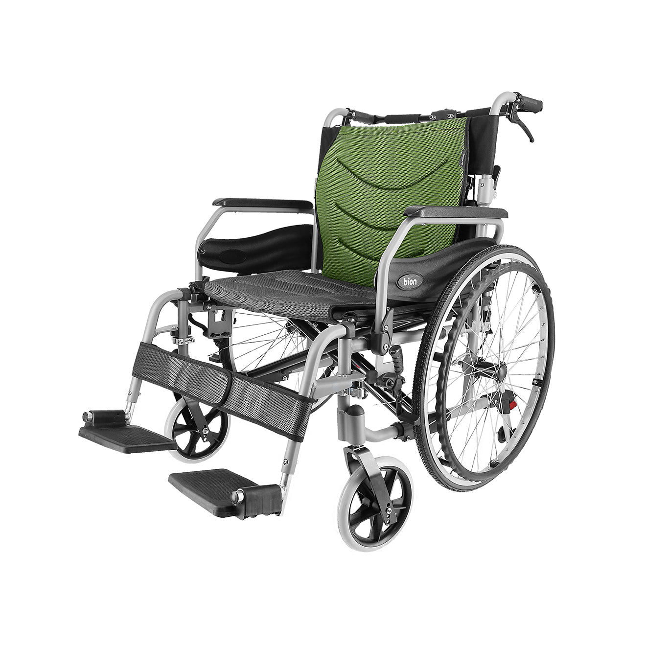 Heavy Duty Wheelchair with green seat cover that supports up to 150kg  on a white background