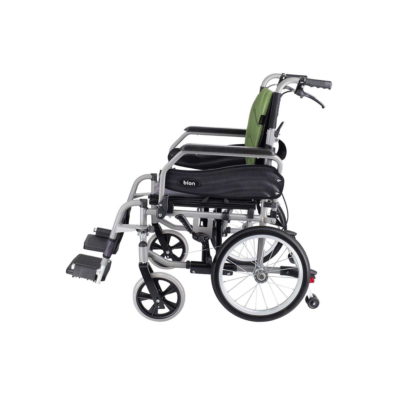 Singapore heavy duty wheelchair supports users up to 130 kg with green seat cover on a white background front side