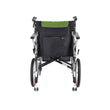 Singapore heavy duty wheelchair supports users up to 130 kg with green seat cover on a white background back