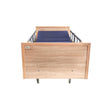 Modern multipurpose hospital homecare bed with wood finish head and foot boards, safety rails, and a blue mattress front.
