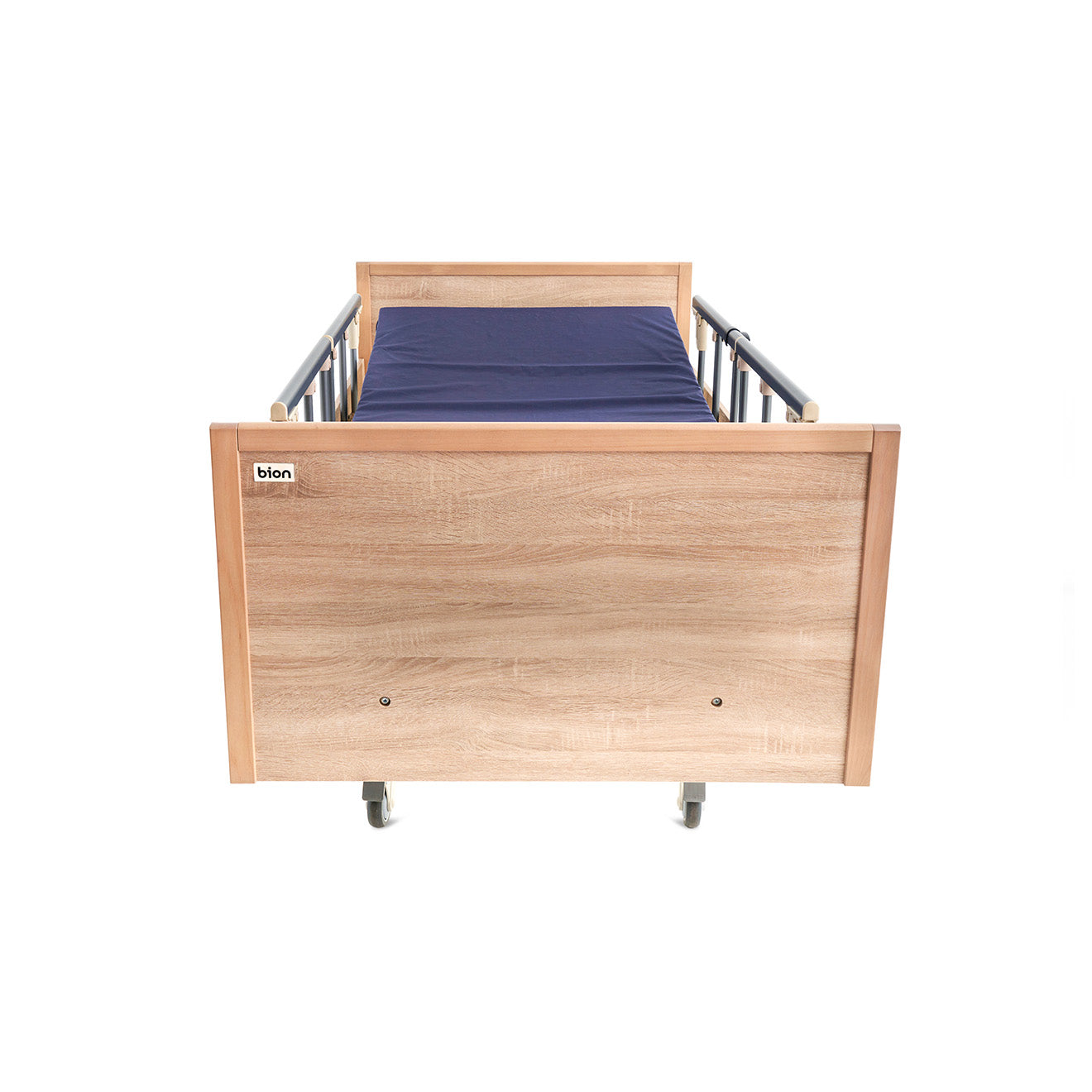 Modern multipurpose hospital homecare bed with wood finish head and foot boards, safety rails, and a blue mattress front.