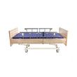 Modern multipurpose hospital homecare bed with wood finish head and foot boards, safety rails, and a blue mattress side.