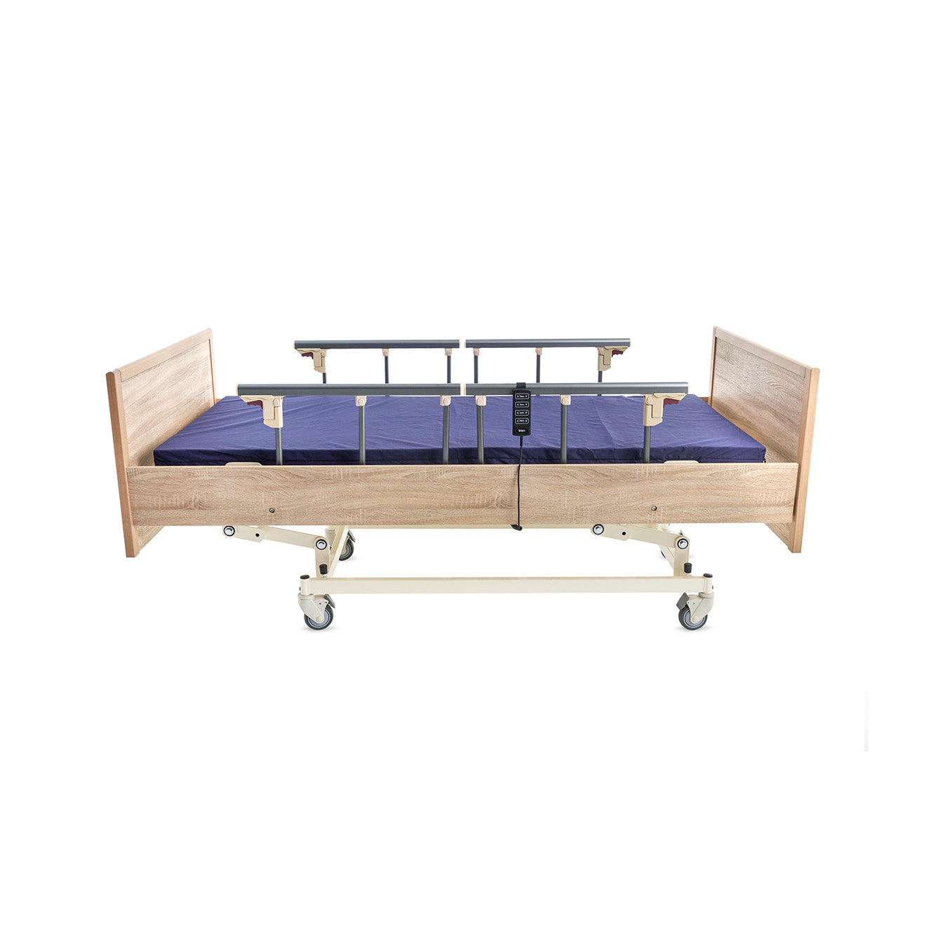 Modern multipurpose hospital homecare bed with wood finish head and foot boards, safety rails, and a blue mattress side.