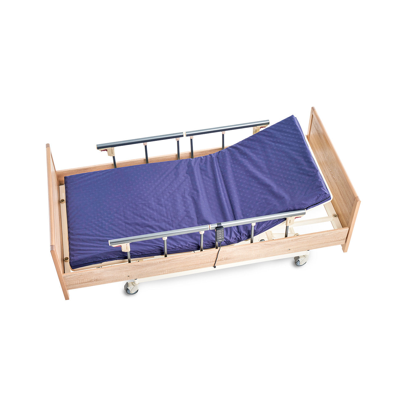 Modern multipurpose hospital homecare bed with wood finish head and foot boards, safety rails, and a blue mattress top.