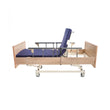 Modern multipurpose hospital homecare bed with wood finish head and foot boards, safety rails, and a blue mattress. Upper Body Elevation.